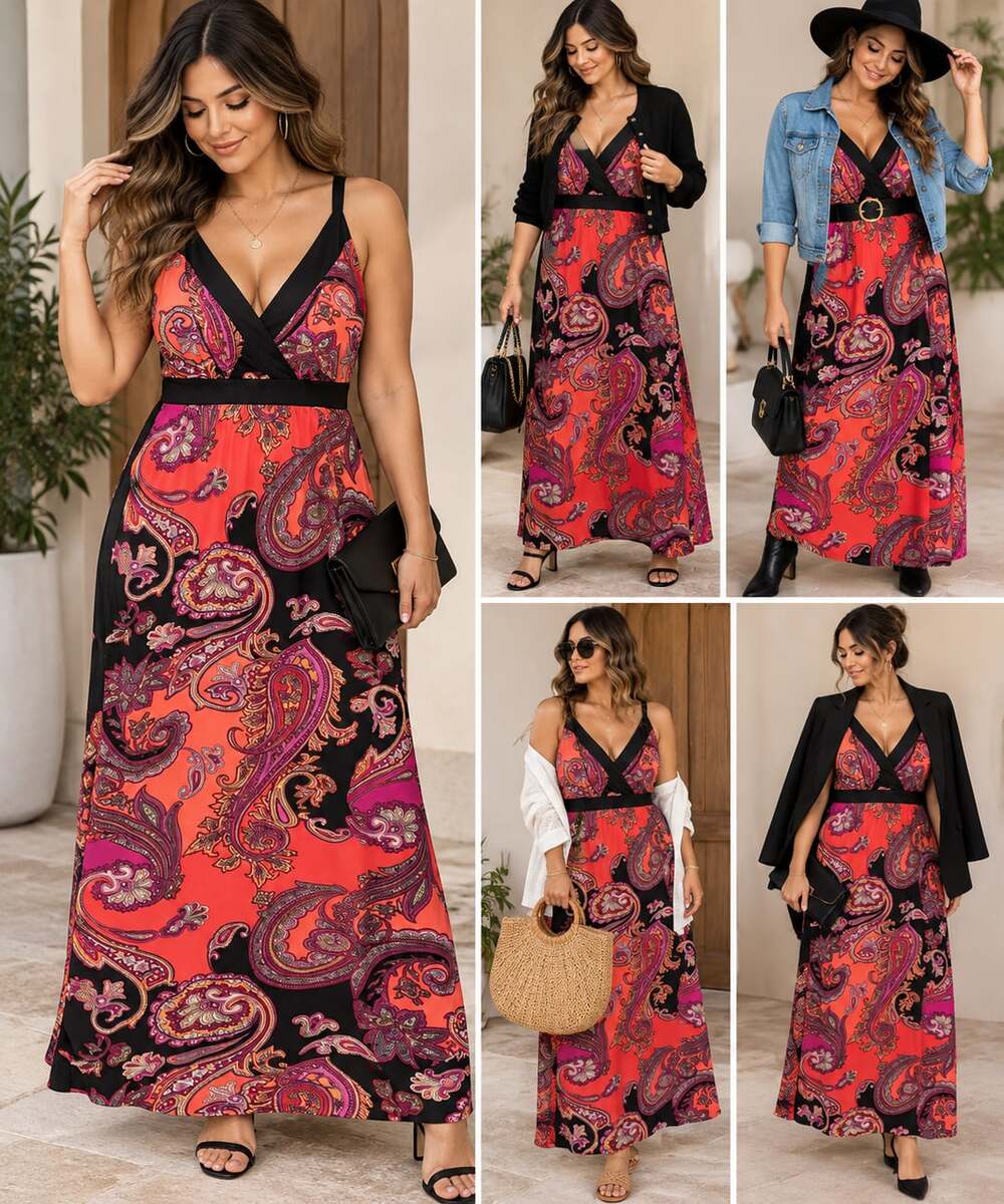 Lane Bryant Maxi Dress Size 14/16W Paisley Red Black V-Neck